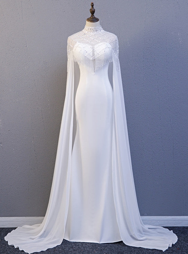 White Mermaid Straps Beading Prom Dress With Shawl