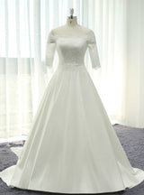 White Satin Lace Short Sleeve Wedding Dress