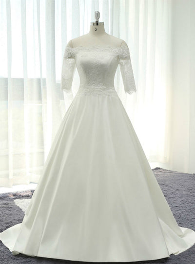 White Satin Lace Short Sleeve Wedding Dress