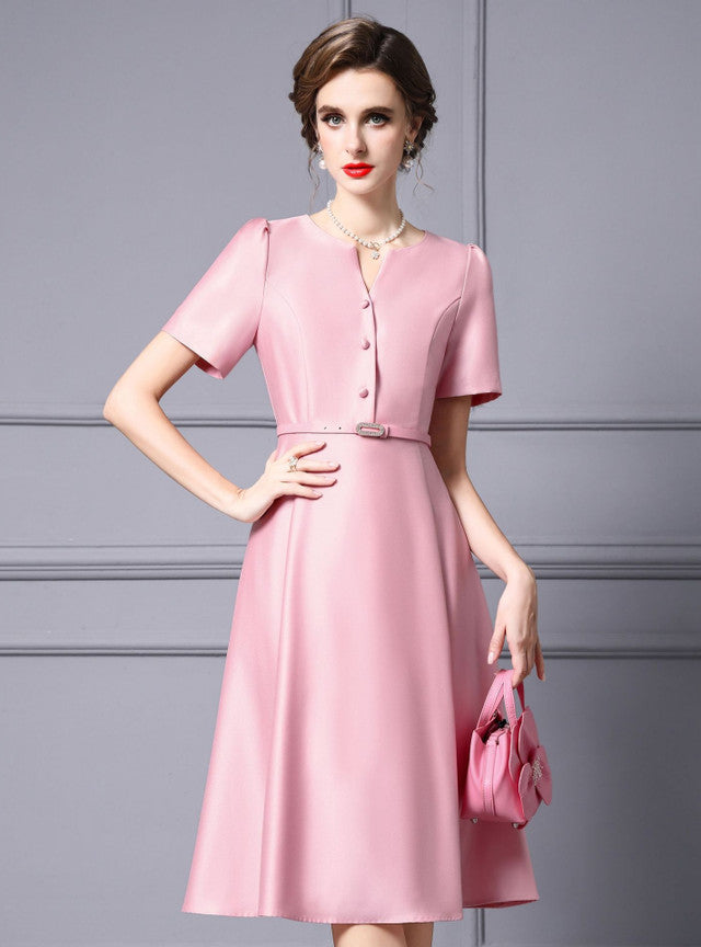 Pink Satin Short Sleeve Mother Of The Bride Dress