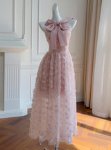 Pink Tulle 3D Flower Straps Bow Prom Dress