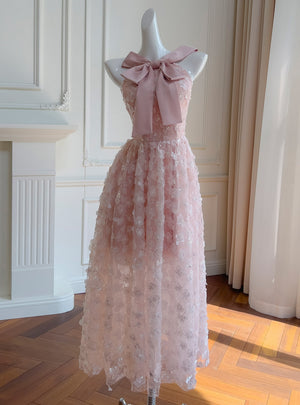 Pink Tulle 3D Flower Straps Bow Prom Dress