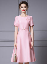 Pink Satin Short Sleeve Beading Mother Of The Bride Dress