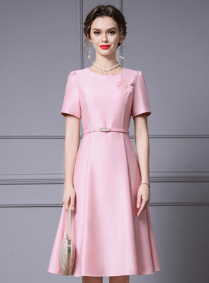 Pink Satin Short Sleeve Beading Mother Of The Bride Dress