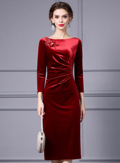 Burgundy Velvet Sequins Mother Of The Bride Dress
