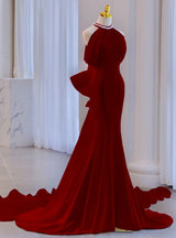 Burgundy Mermaid Halter Bow Prom Dress