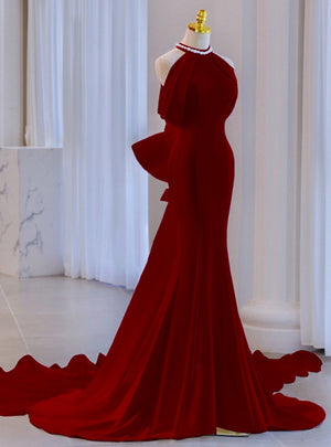Burgundy Mermaid Halter Bow Prom Dress