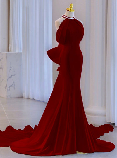 Burgundy Mermaid Halter Bow Prom Dress
