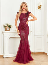 Burgundy Mermaid Sequins Cap Sleeve Prom Dress