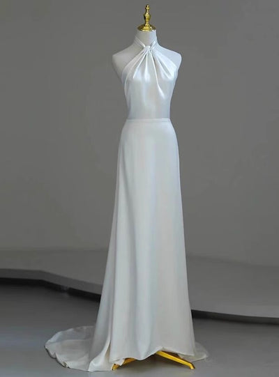 White Satin Halter Backless Wedding Dress