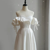 White Satin Strapless Puff Sleeve Wedding Dress