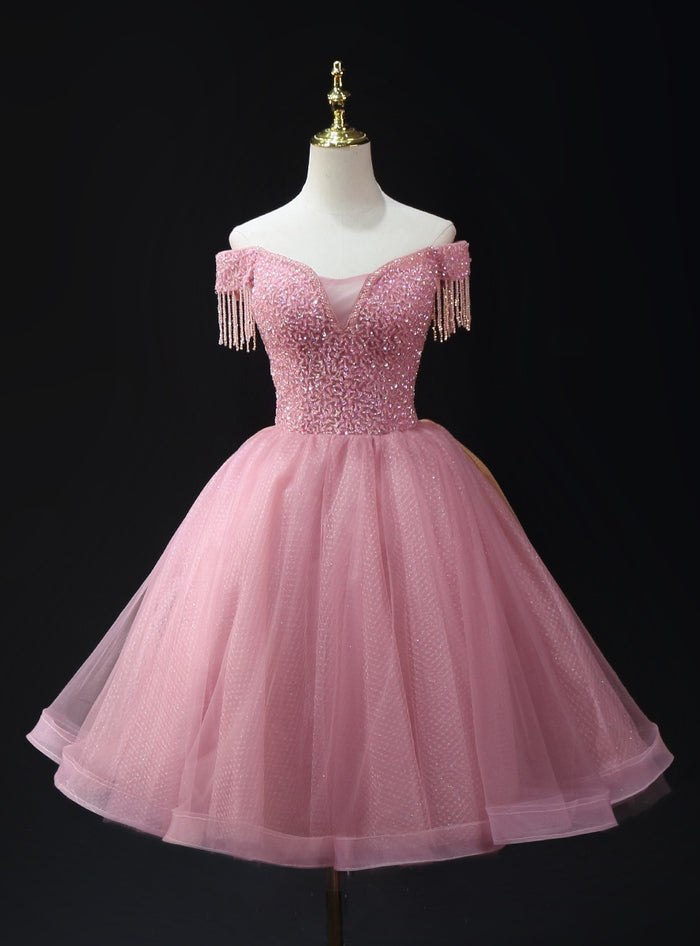 Pink Tulle Sequins Beading Homecoming Dress