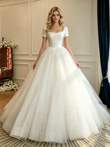 Beige White Tulle Square Neck Short Sleeve Wedding Dress