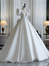 White Satin Puff Sleeve V-neck Wedding Dress