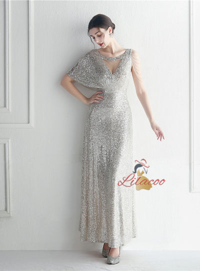 Scoop Neck Sequins Beading Prom Dress