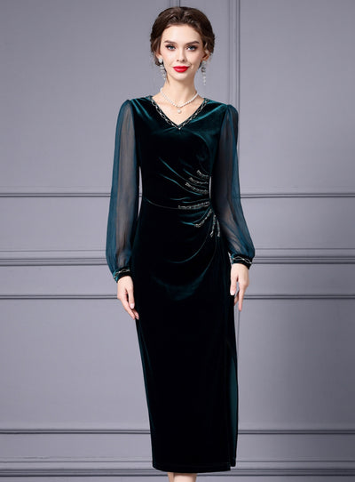 Green Velvet Pleats Beading Mother Of The Bride Dress