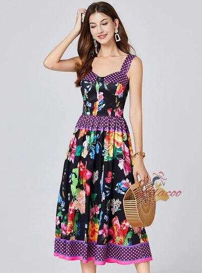 Black Printed Silm Waist Dress