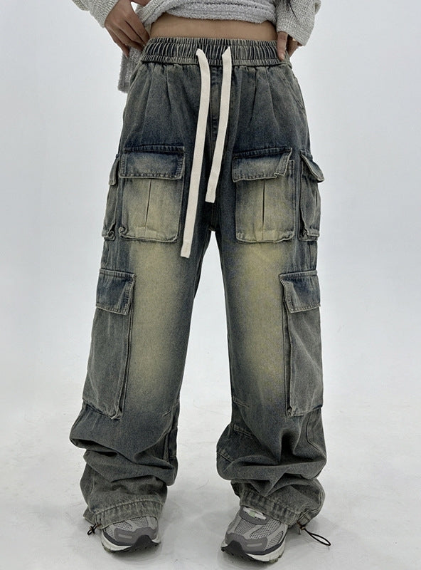 Elastic Waist Drawstring Straight Loose Jeans