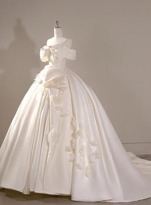 Ivory White Satin 3D Flower Wedding Dress