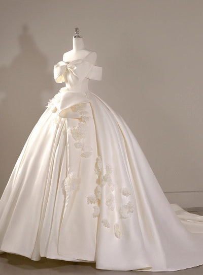 Ivory White Satin 3D Flower Wedding Dress