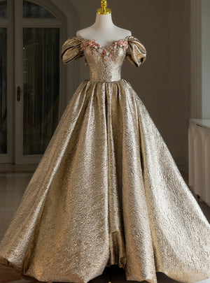 Champagne Gold Off the Shoulder Flower Prom Dress