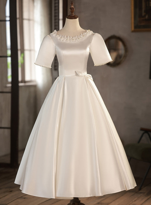 White Satin Lace Short Sleeve Pearls Wedding Dress