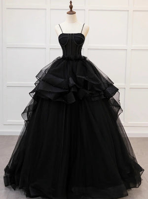 Black Tulle Spaghetti Straps Beading Prom Dress