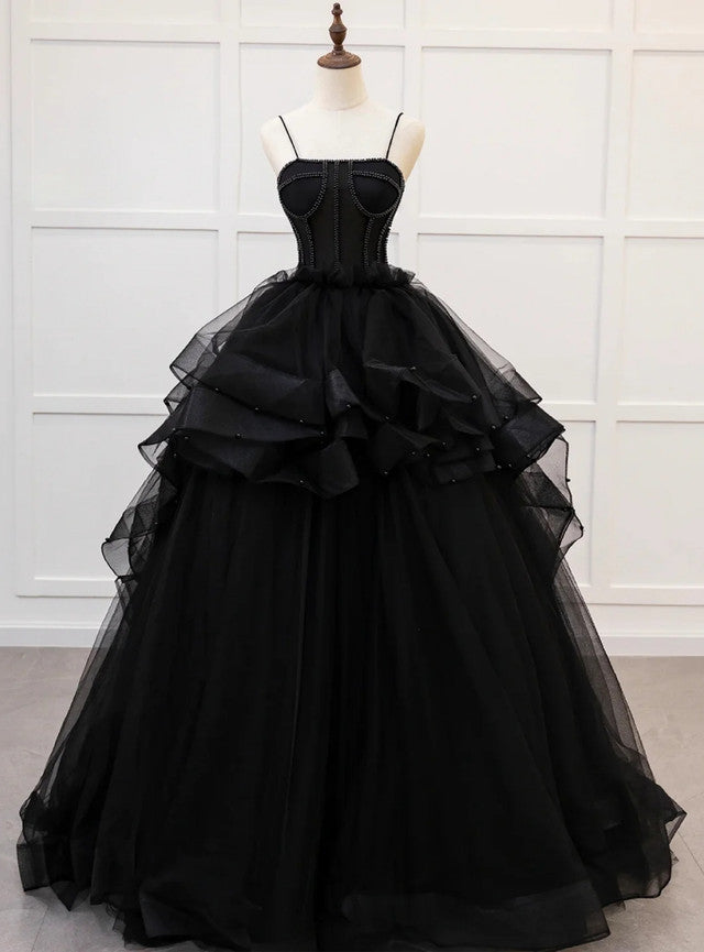 Black Tulle Spaghetti Straps Beading Prom Dress