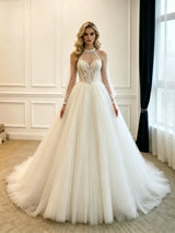 White Tulle Long Sleeve Appliques Wedding Dress