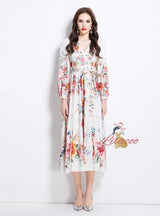 V-neck Lantern Sleeve Printed Dress