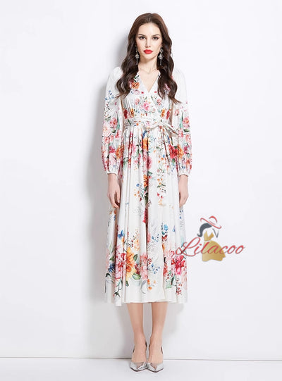 V-neck Lantern Sleeve Printed Dress