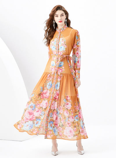 Lantern Long Sleeve Slim Printed Dress