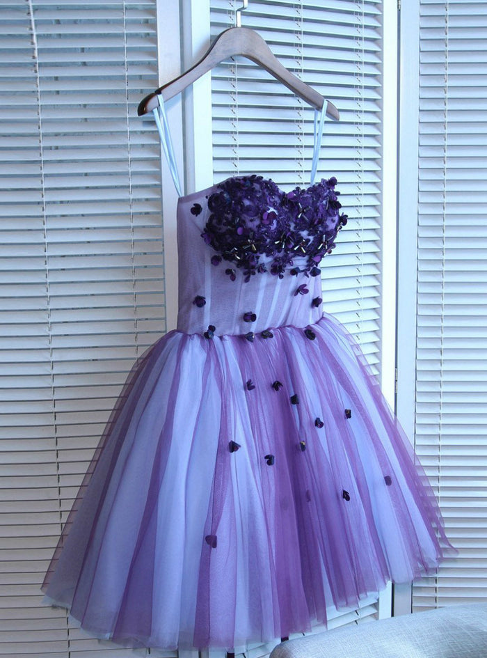 Purple Tulle Strapless Beading Flower Homecoming Dress