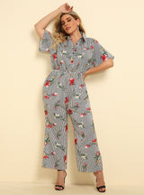 Fashion Lapel Striped Printed Wide-leg Jumpsuit