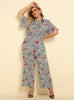 Fashion Lapel Striped Printed Wide-leg Jumpsuit