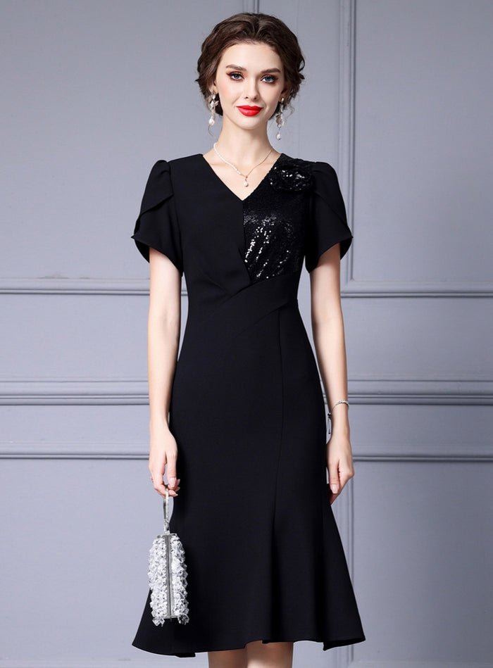 Black Sequins Short Sleeve Mother Of The Bride Dress