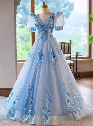 Blue Tulle V-neck Puff Sleeve 3D Flower Prom Dress