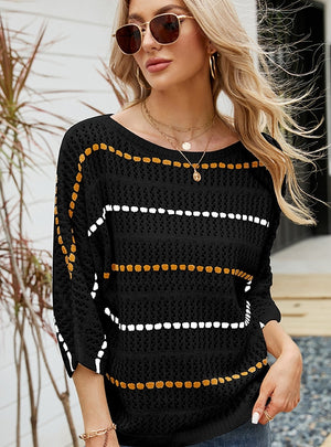 Striped Cropped Sleeve Hollow Knit Sweater