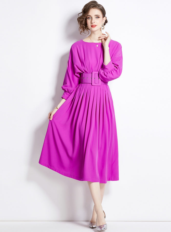 Bat Sleeve High Waist Pleated Dress with Belt