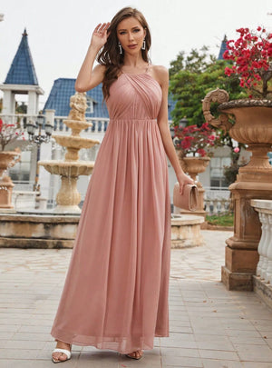Pink Chiffon Halter Pleats Prom Dress