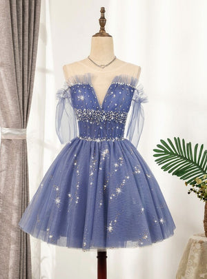 Blue Tulle Sequins Beading Pleats Homecoming Dress