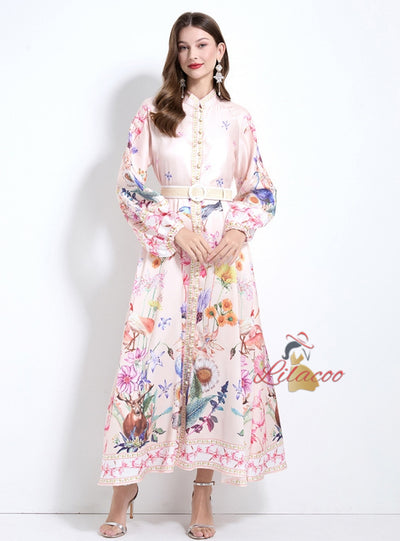 Retro Palace Printed Button Lantern Sleeve Dress