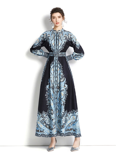 Long Sleeve Printed Dress with Belt