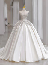 White Satin Strapless Sequins Wedding Dress