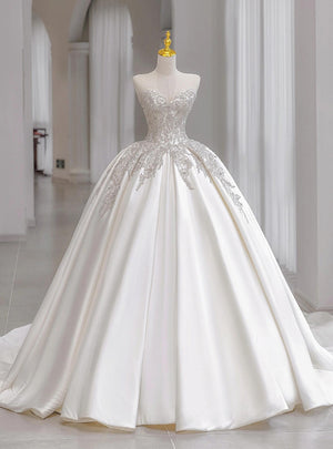 White Satin Strapless Sequins Wedding Dress