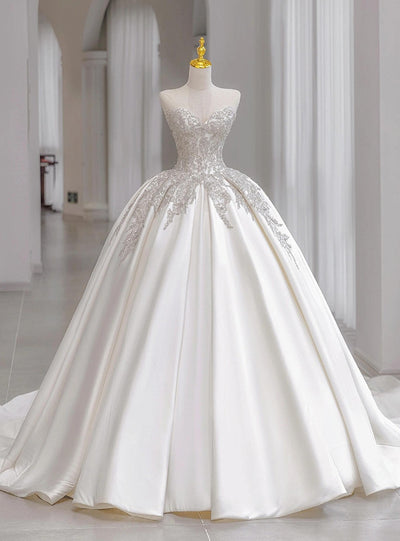 White Satin Strapless Sequins Wedding Dress