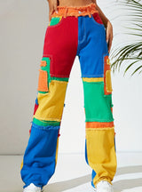 Colorful Stitching High Waist Loose Straight Jeans