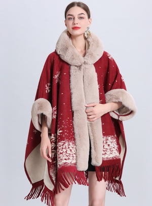 Snowflakes Ppadded Fur Collar Knitted Shawl Cloak