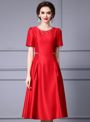Red Short Sleeve Satin Mother Of The Bride Dress