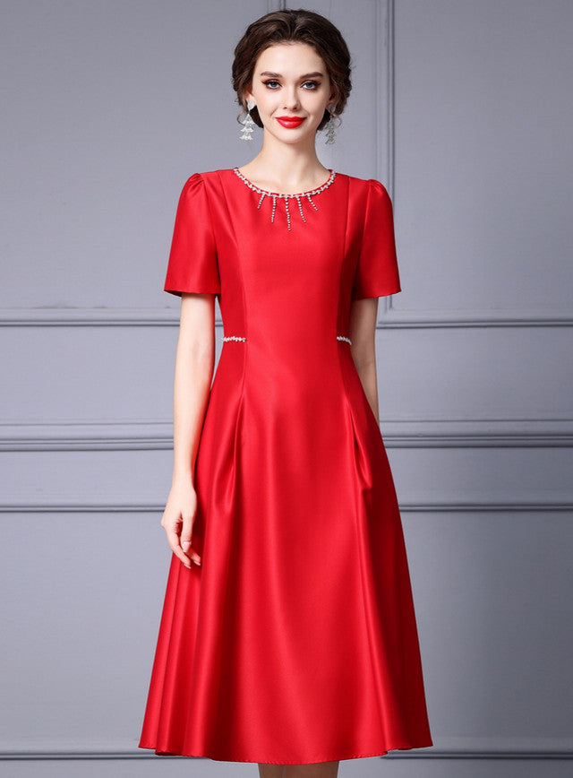 Red Short Sleeve Satin Mother Of The Bride Dress